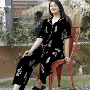 Black Printed Cotton Night Suit