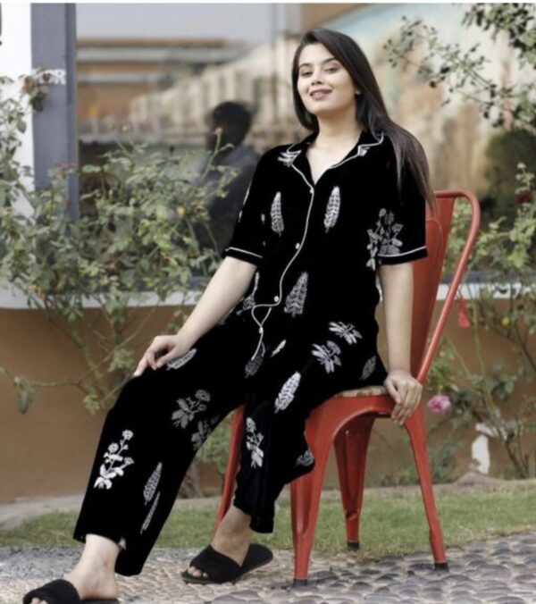 Black Printed Cotton Night Suit
