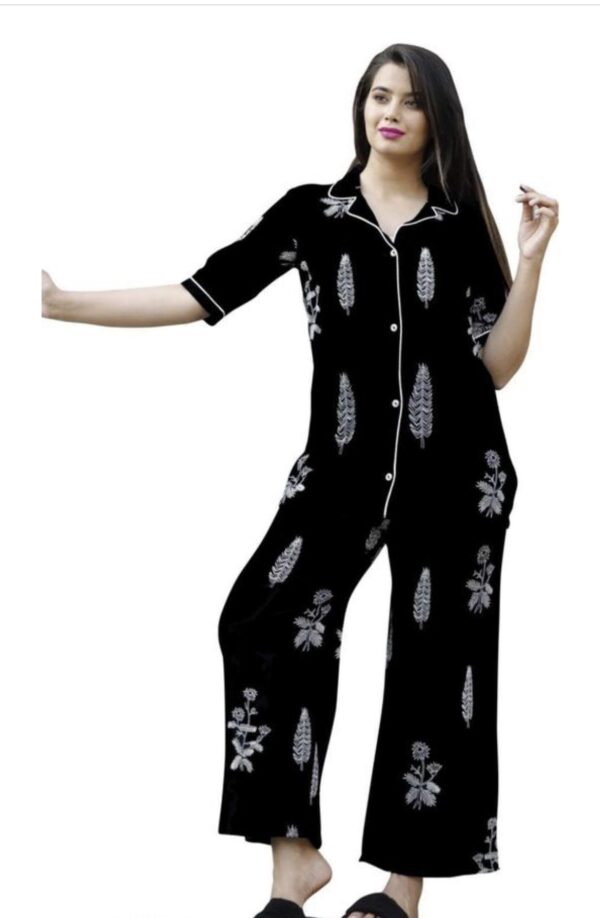 Black Printed Cotton Night Suit